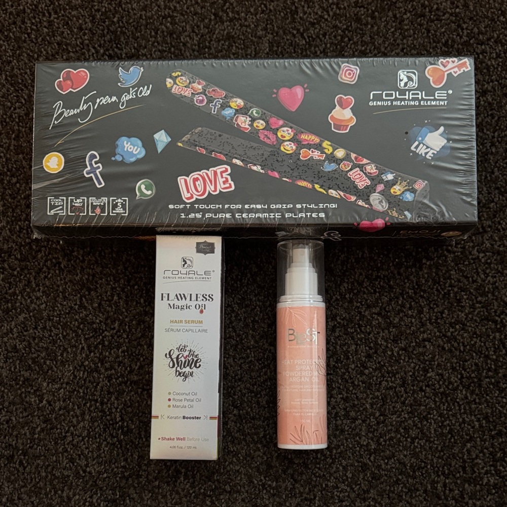 Royale Emoji Ceramic Flat Iron, hair serum & heat